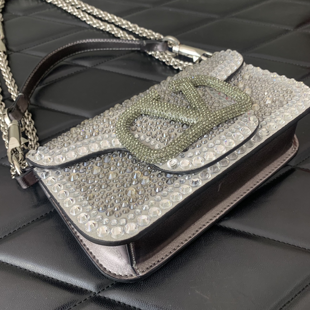 Valentino Garavani Loco Small Shoulder Bag with Grey Rhinestone Applique